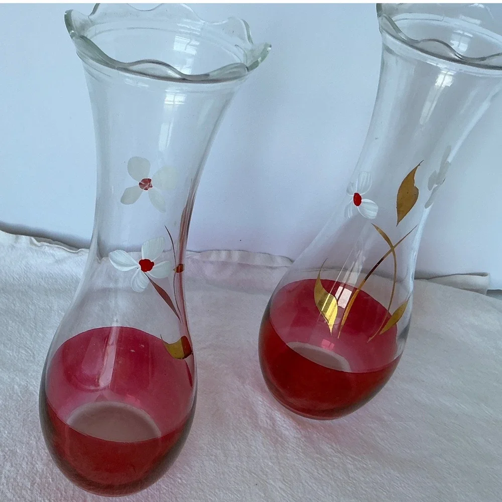 Bartlett Collins Vintage Glass Bud Vases Cranberry Red‎ Hand Painted Floral 8